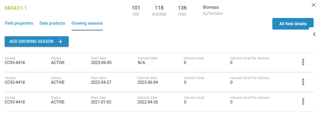 Fields details panel - growing seasons